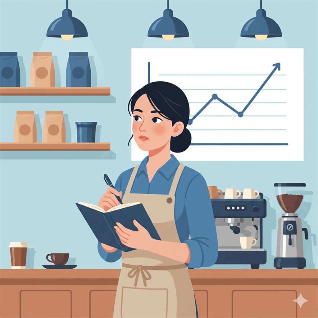 Small business owner reviewing plans at a desk, representing small business growth strategies for sustainable success