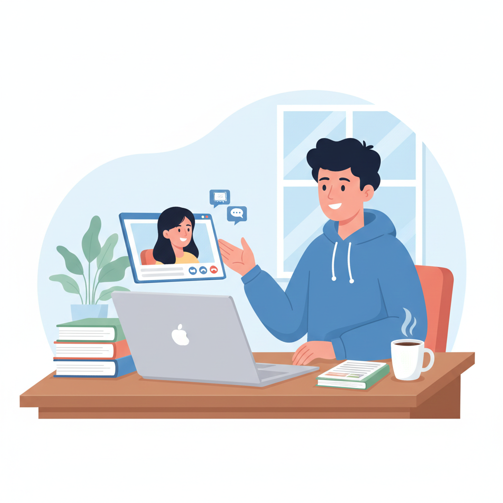 Student running an online tutoring business with laptop and study materials