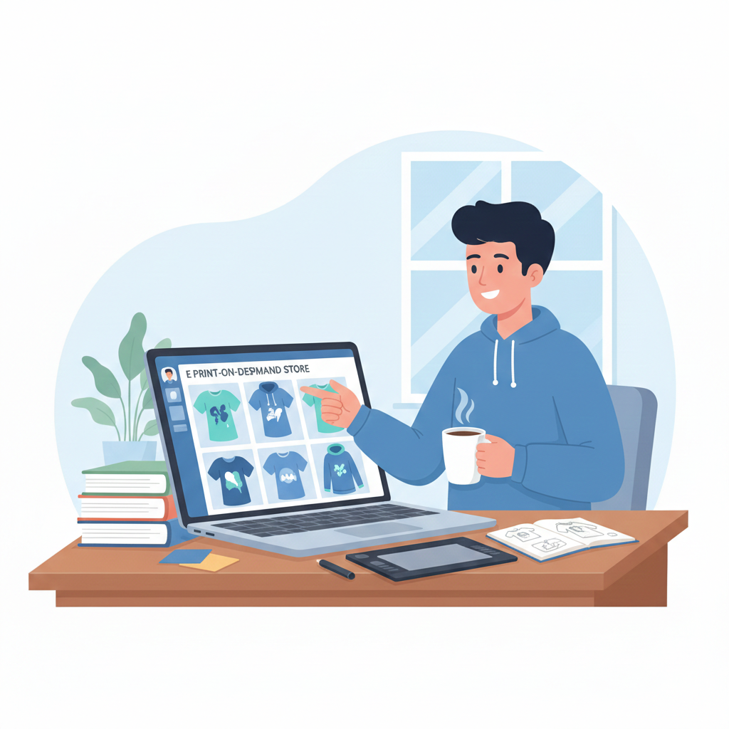 Print on demand business for students selling custom T-shirts and merchandise online