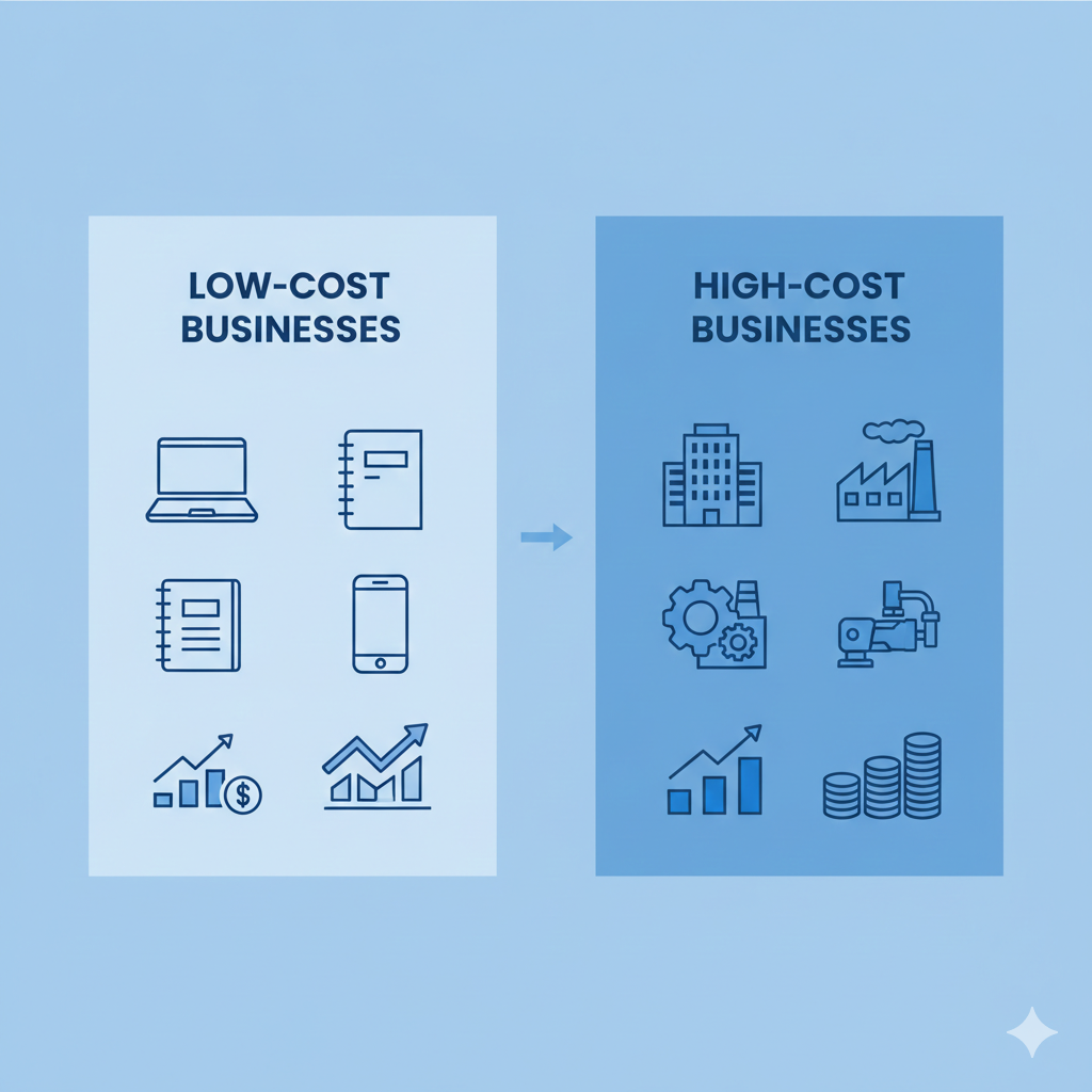 Illustration comparing low-cost business ideas with high investment businesses for beginners
