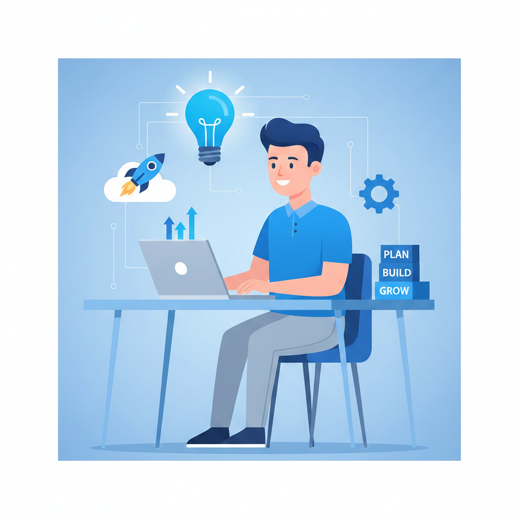 Small business owner working on a laptop planning a low capital business idea from home