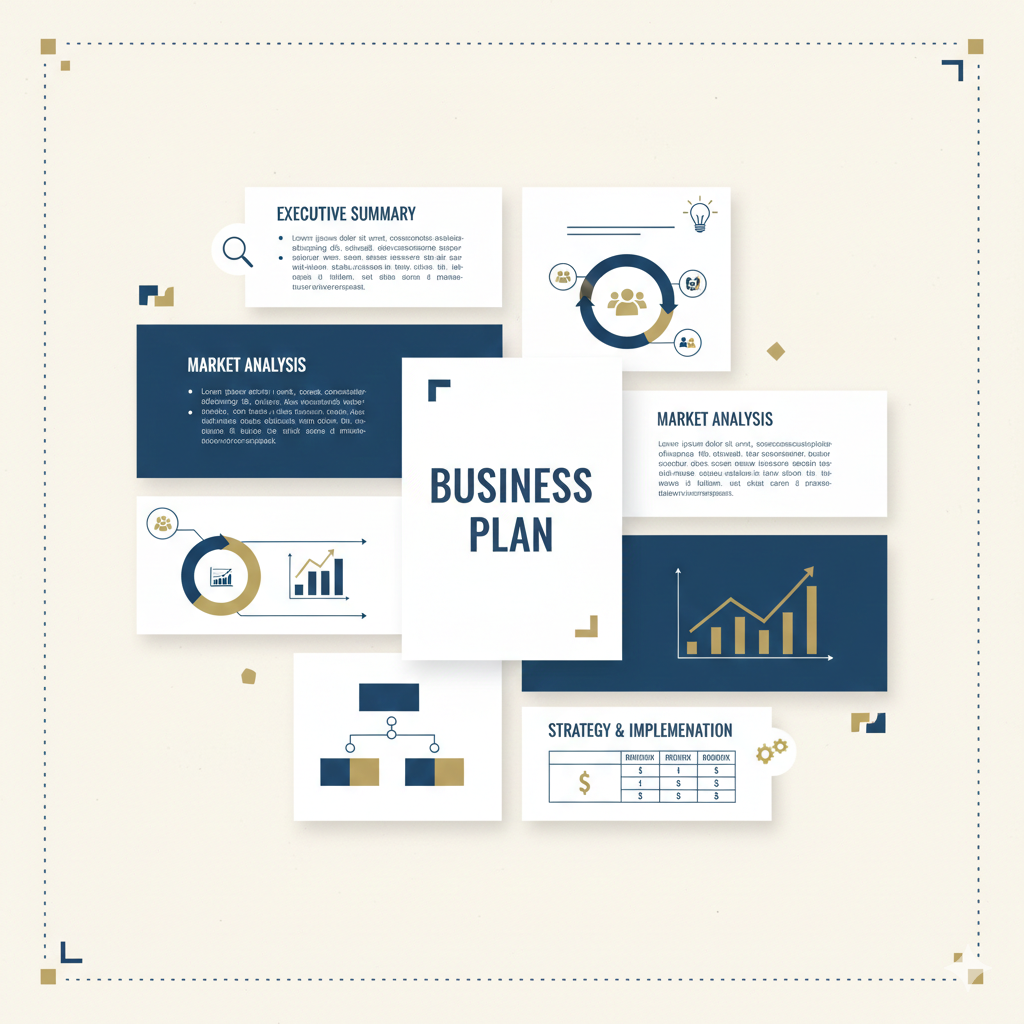 Business plan for startups displaying key components like executive summary, market analysis, and financial projections
