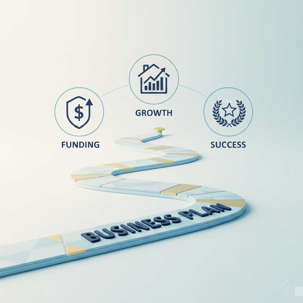Business plan for startups illustrated with a roadmap showing business growth, funding, and long-term success