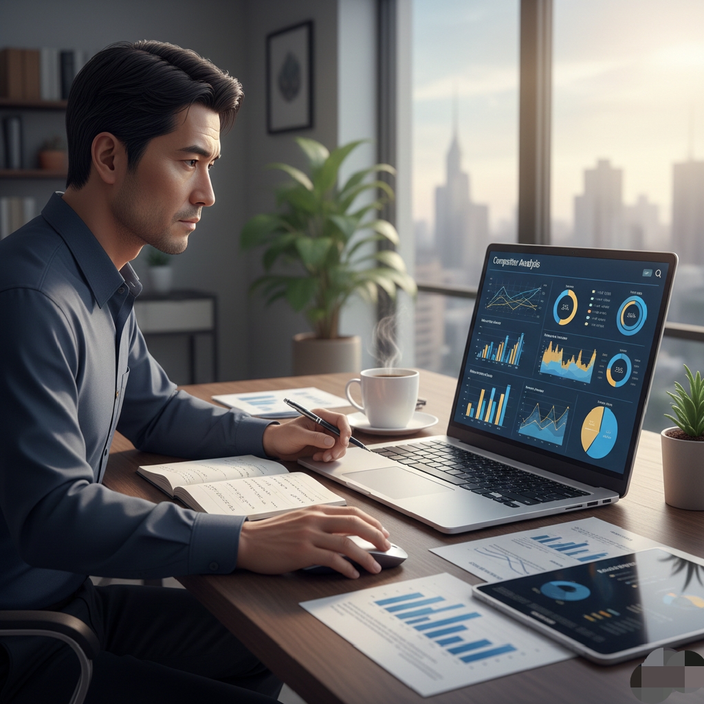Business plan for startups showing market research, competitor analysis, and customer insights on a laptop screen