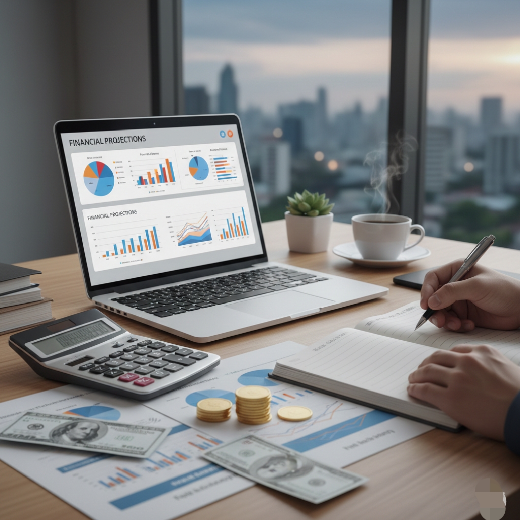 Business plan for startups displaying financial planning with revenue projections and cash flow analysis