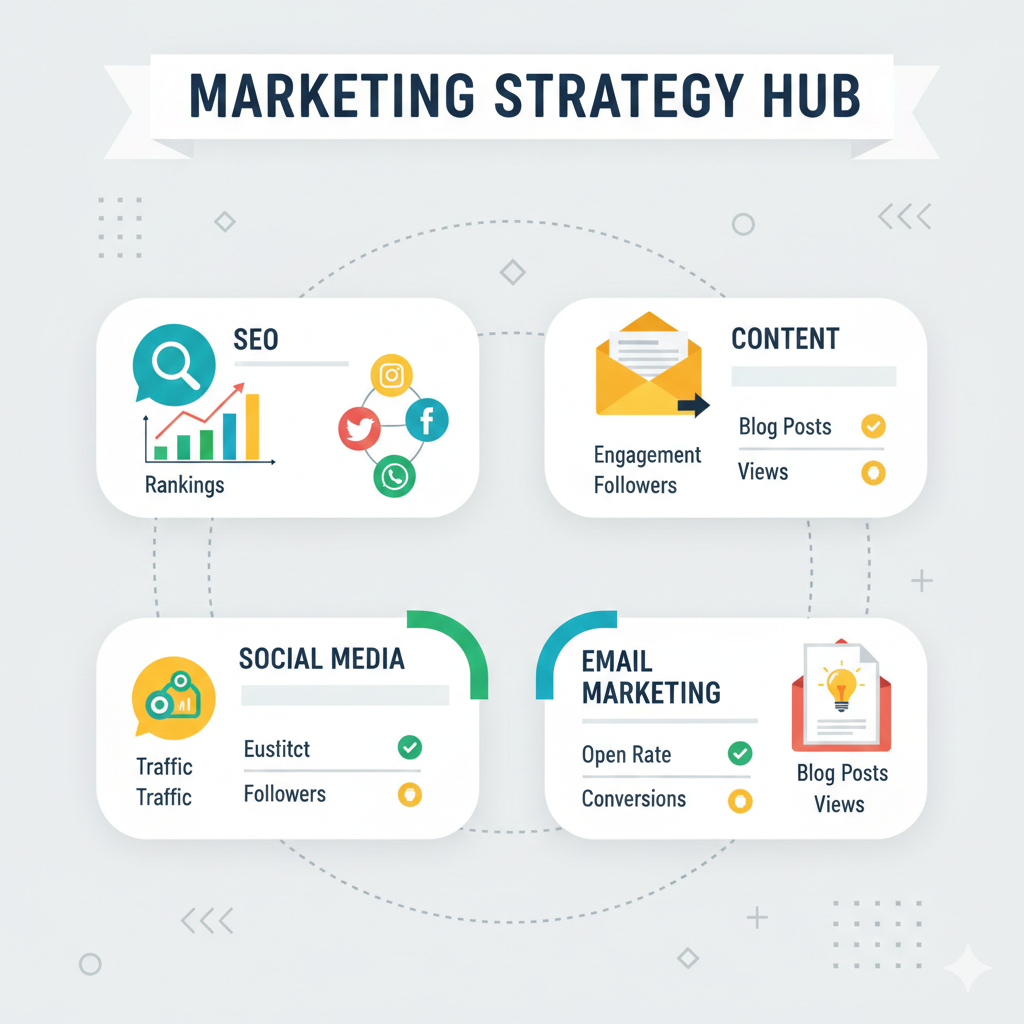 Digital marketing strategies including SEO, social media, and email marketing for small businesses