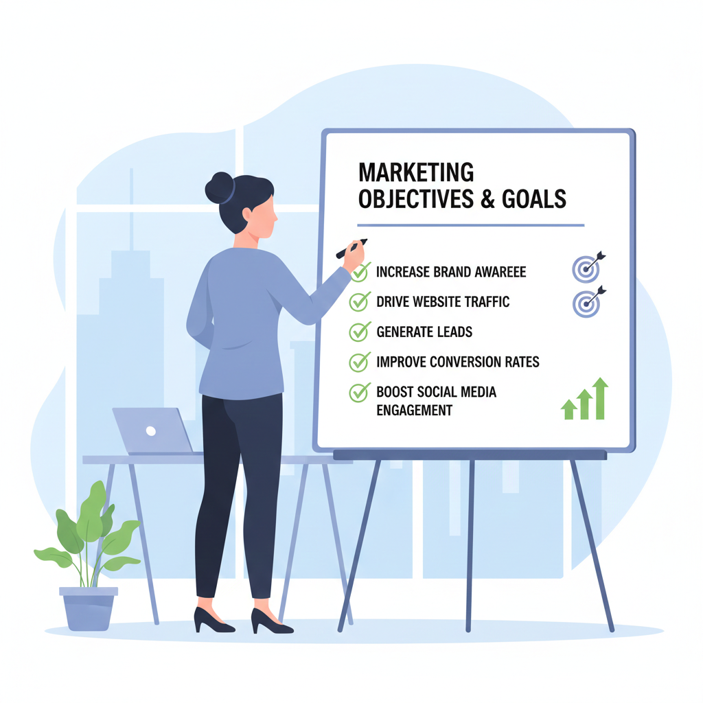 Marketing objectives written on a board showing business goals and performance targets for small businesses