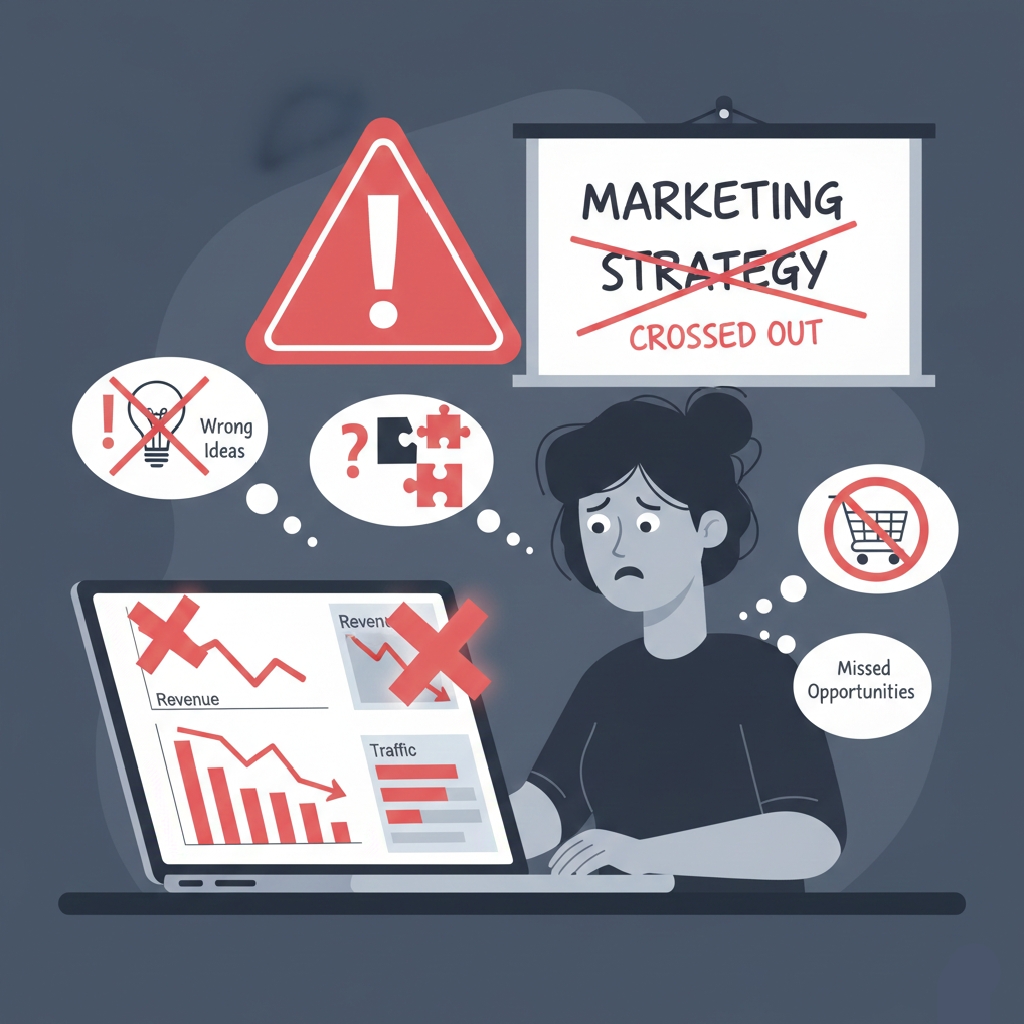 Common small business marketing mistakes shown through declining charts and warning signs