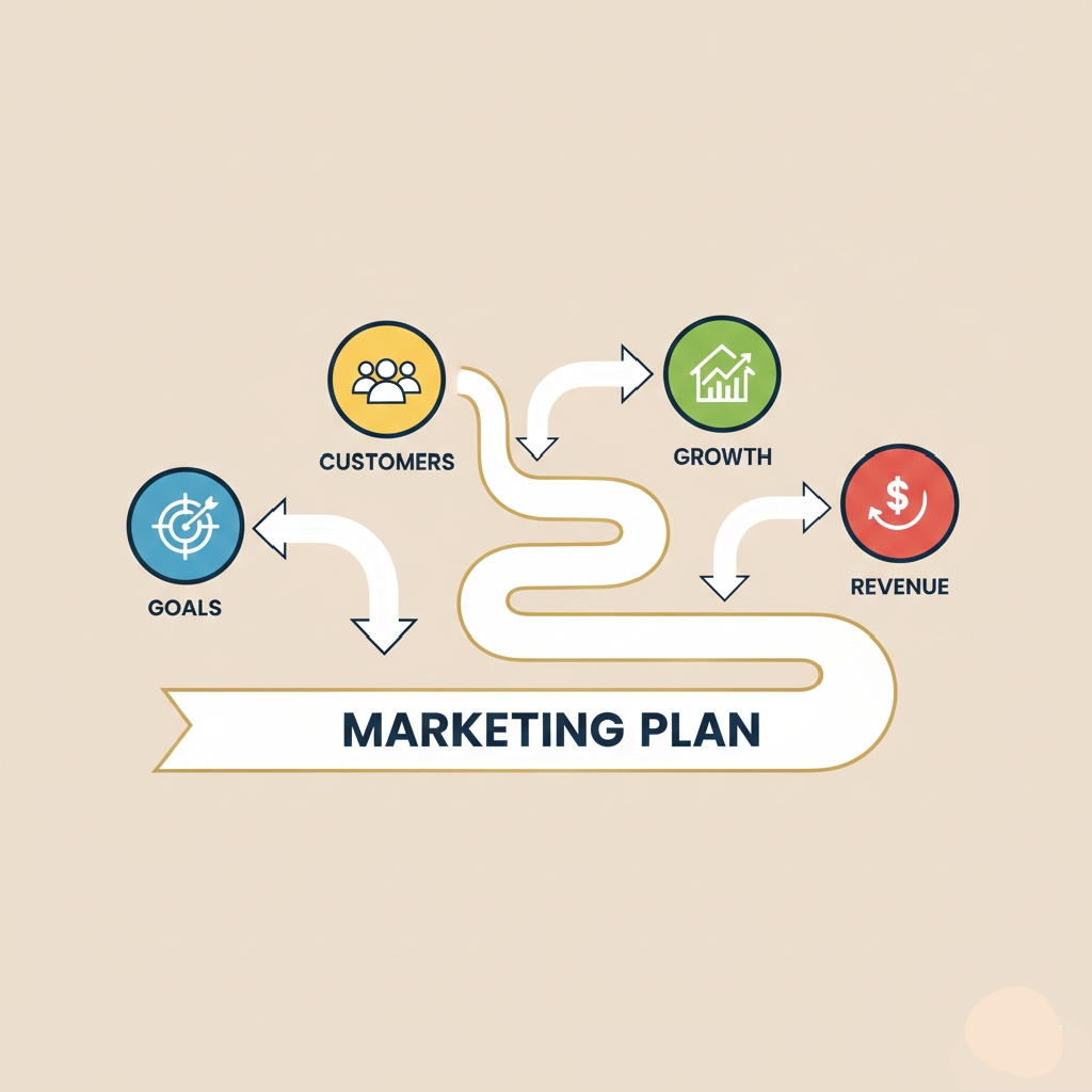 Visual explanation of a small business marketing plan showing goals, audience, and growth roadmap