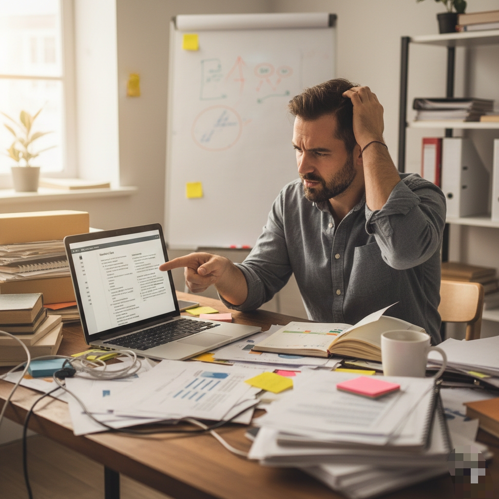 Small business owner struggling with no clear strategy for small business growth and direction.