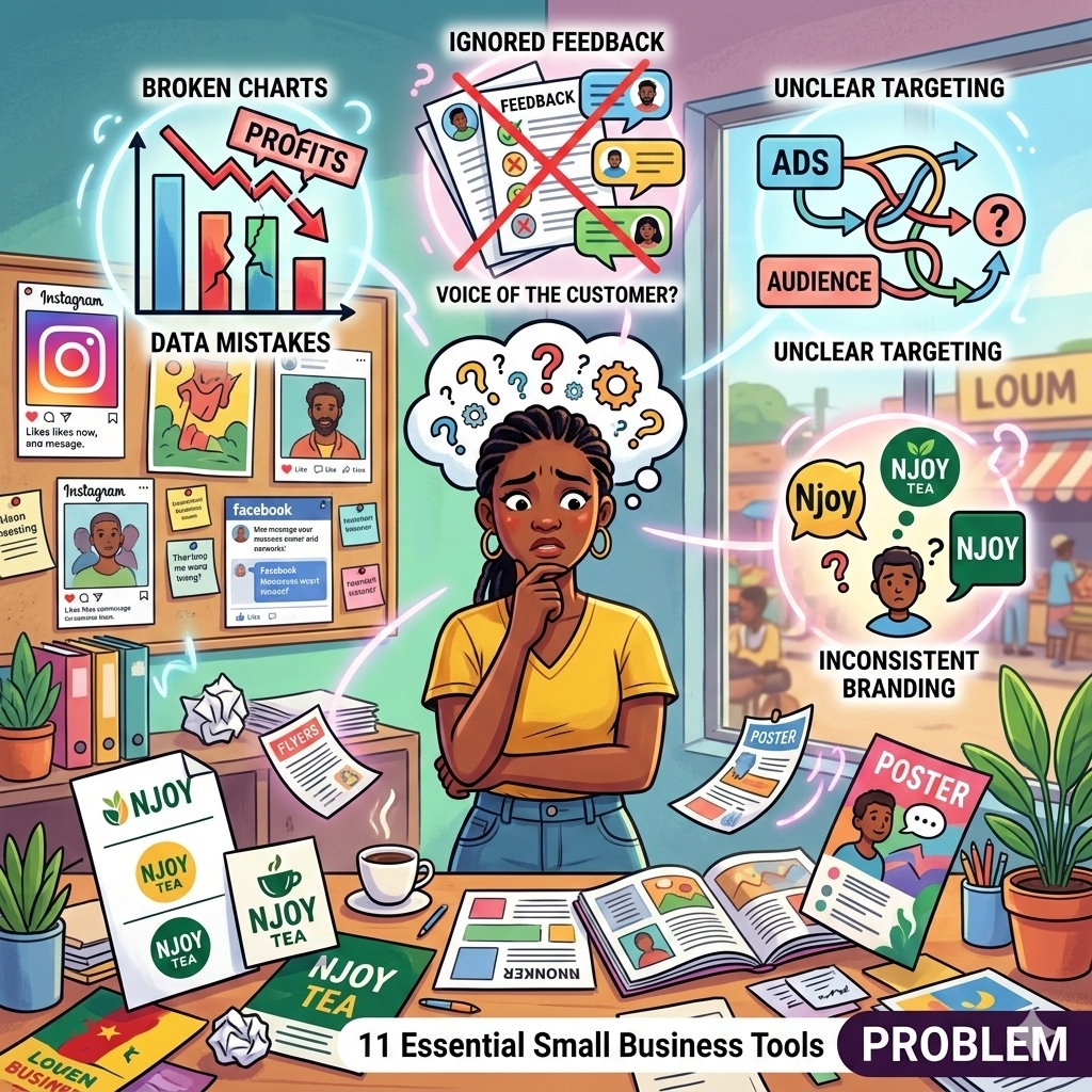 HOW TO MARKET YOUR SMALL BUSINESS IN 2026 (WITHOUT WASTING A KOBO ON ADS) Confused small business owner surrounded by scattered marketing materials and ads, representing common marketing mistakes to avoid."