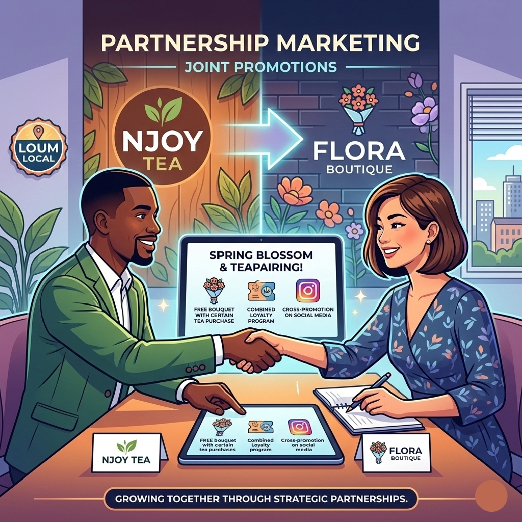 Two small business owners shaking hands and planning cross-promotions, representing collaboration and partnership marketing.