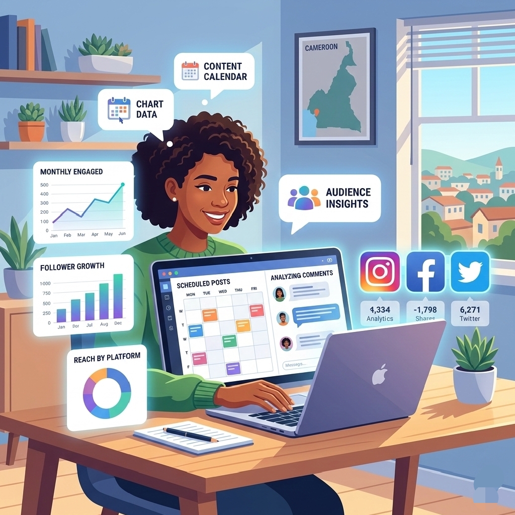 HOW TO MARKET YOUR SMALL BUSINESS IN 2026 (WITHOUT WASTING A KOBO ON ADS) Small business owner scheduling social media posts and engaging with comments, showing effective social media marketing without wasting effort."