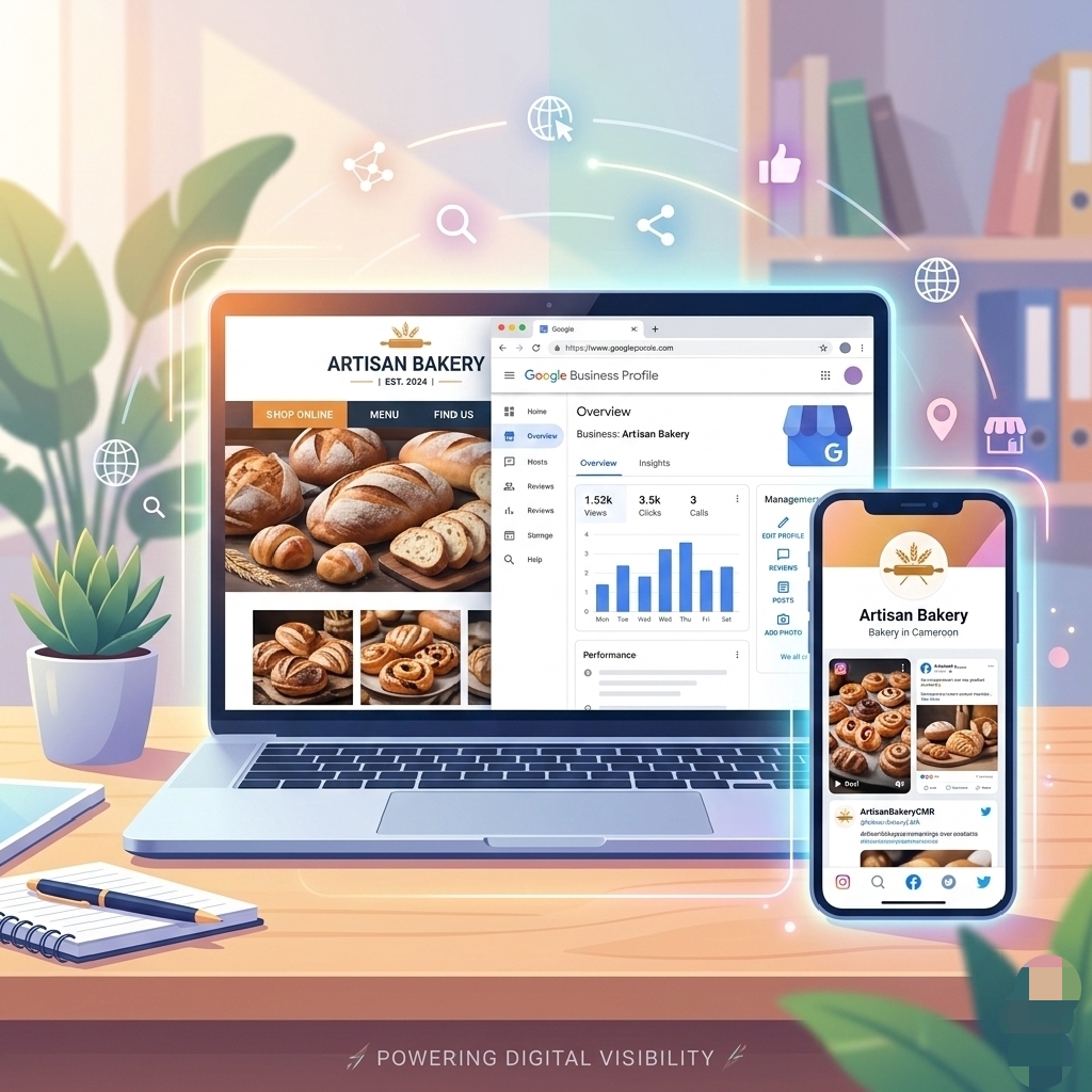 HOW TO MARKET YOUR SMALL BUSINESS IN 2026 (WITHOUT WASTING A KOBO ON ADS) Laptop and smartphone showing small business website and social media profiles, representing digital visibility and online presence."