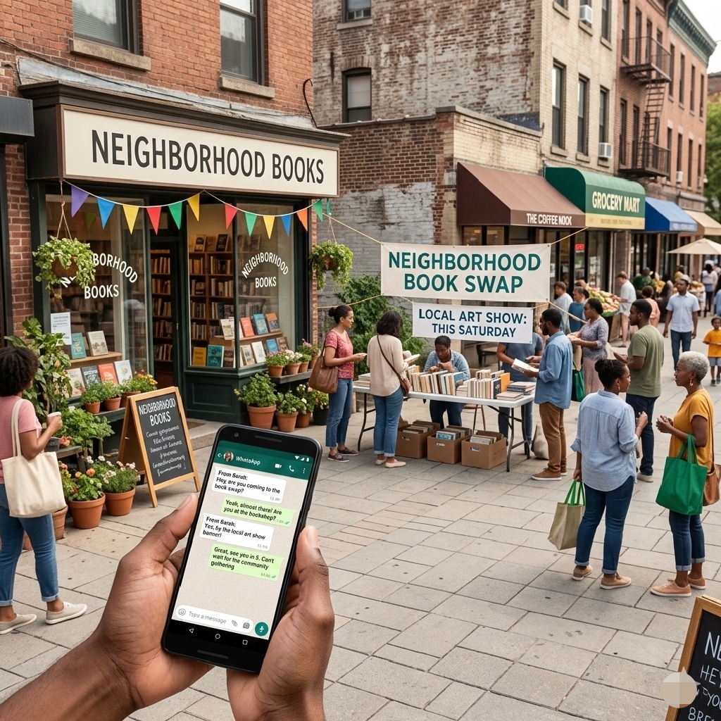 HOW TO MARKET YOUR SMALL BUSINESS IN 2026 (WITHOUT WASTING A KOBO ON ADS) Local small business storefront with community events and WhatsApp marketing, highlighting local marketing strategies