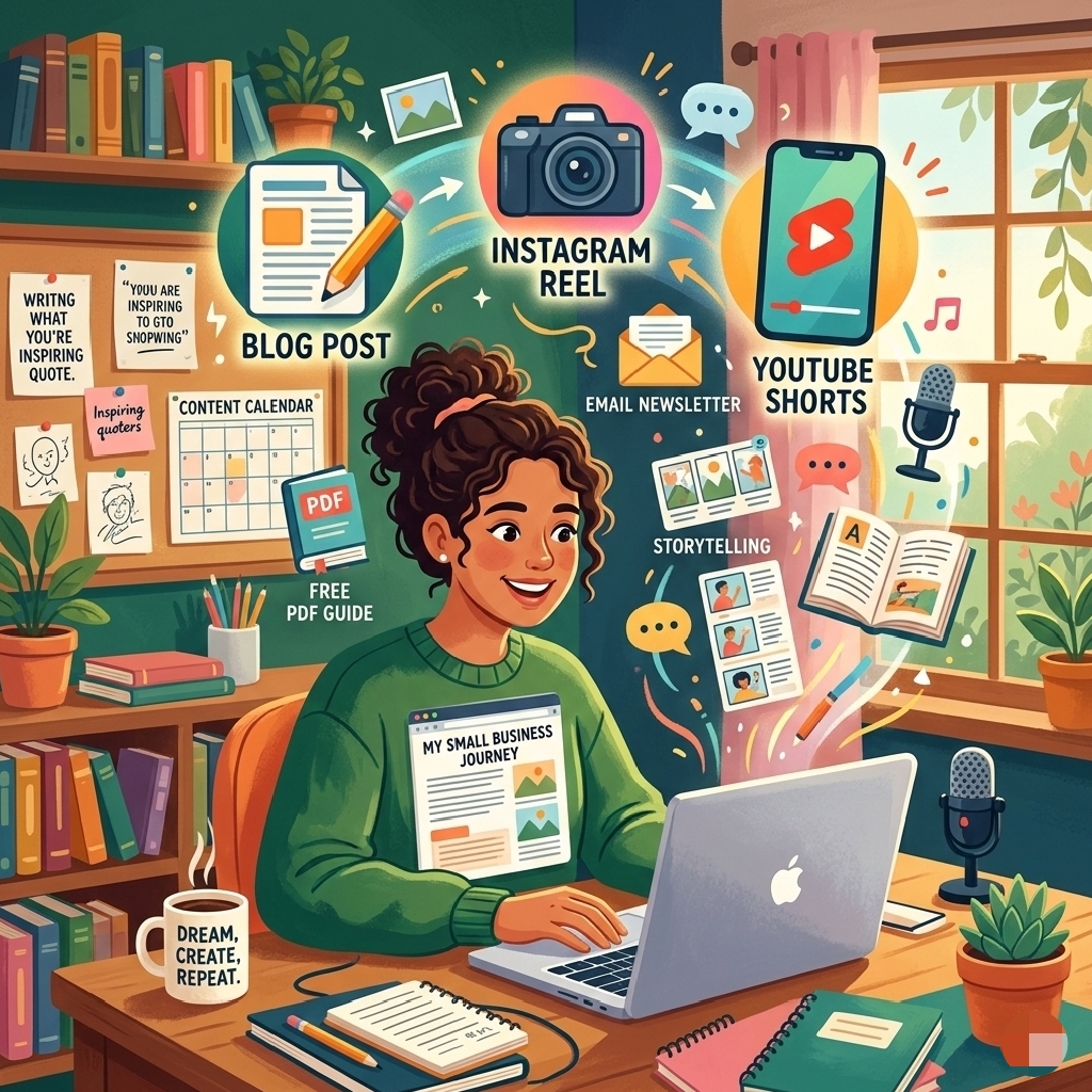 HOW TO MARKET YOUR SMALL BUSINESS IN 2026 (WITHOUT WASTING A KOBO ON ADS) Business owner producing blog posts, Instagram content, and YouTube Shorts, demonstrating free content marketing strategies."