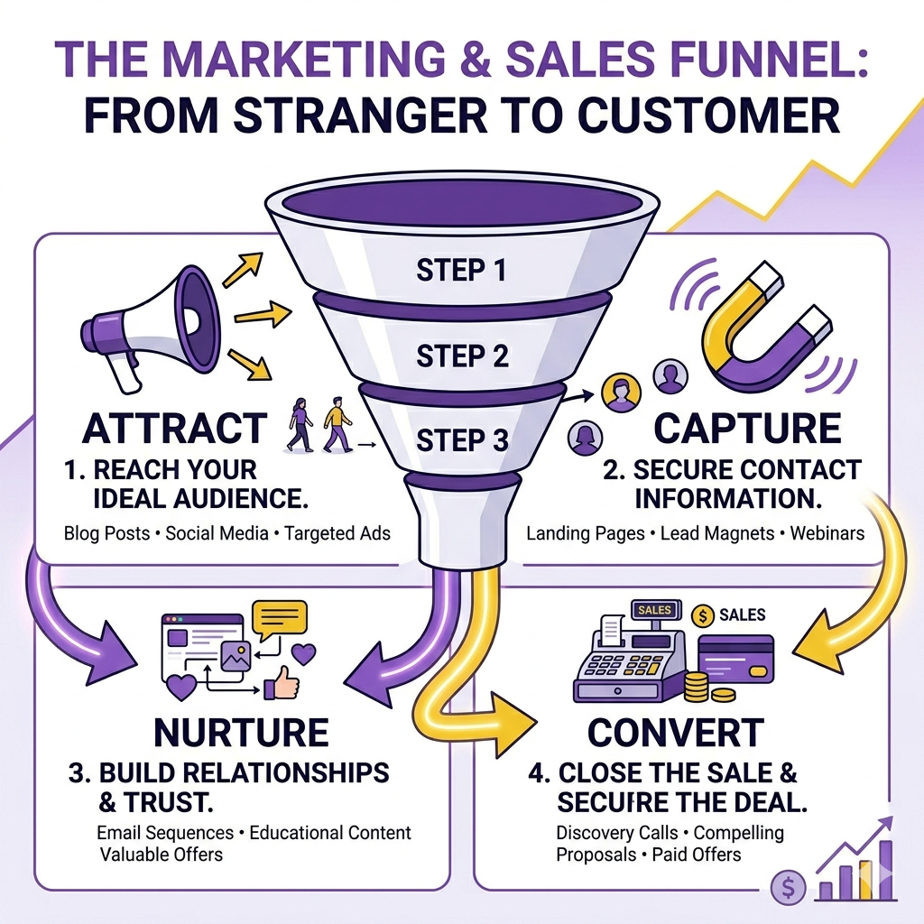 SALES SYSTEM FOR A SMALL BUSINESS: STOP CHASING LEADS & BUILD A PREDICTABLE MACHINE IN 2026 Sales system for a small business showing attract capture nurture convert process.