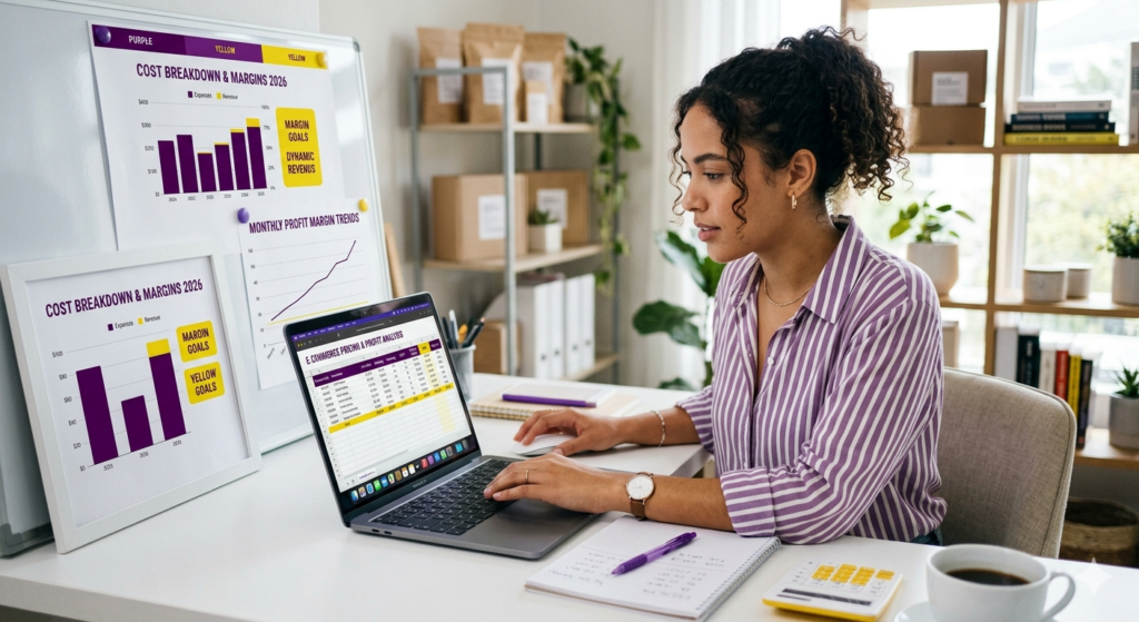 Online store owner calculating pricing and profit margins for sustainable growth