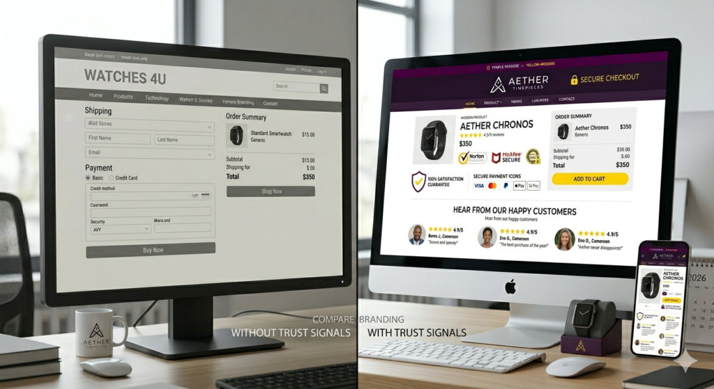 9 E-COMMERCE MISTAKES THAT SECRETLY KILL YOUR SALES Trusted versus untrusted e-commerce checkout page comparison