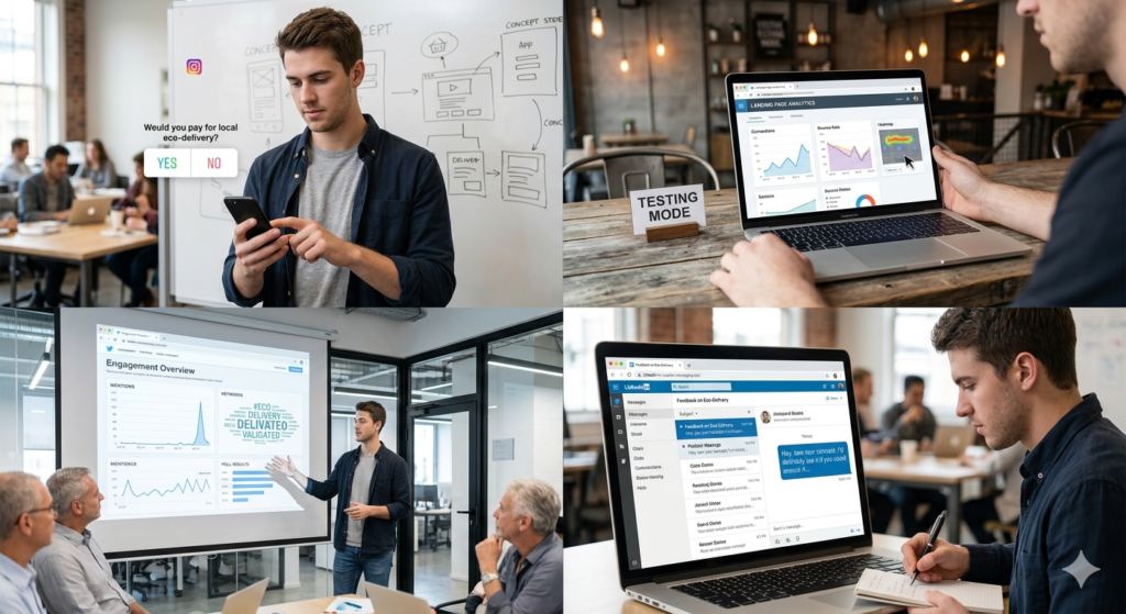 Collage of service-based business ideas like freelancing, consulting, digital products, content creation, and online coaching on a laptop screen, modern workspace, clean business concept visualization