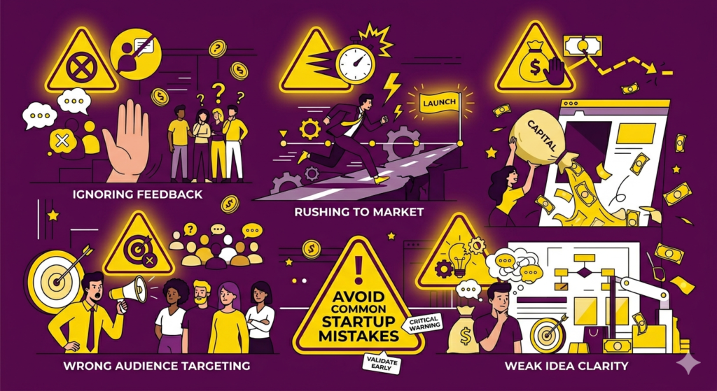 HOW TO VALIDATE A BUSINESS IDEA BEFORE INVESTING: STOP WASTING CASH ON WRONG PRODUCTS Common mistakes in business idea validation such as ignoring feedback and overspending in purple and yellow theme