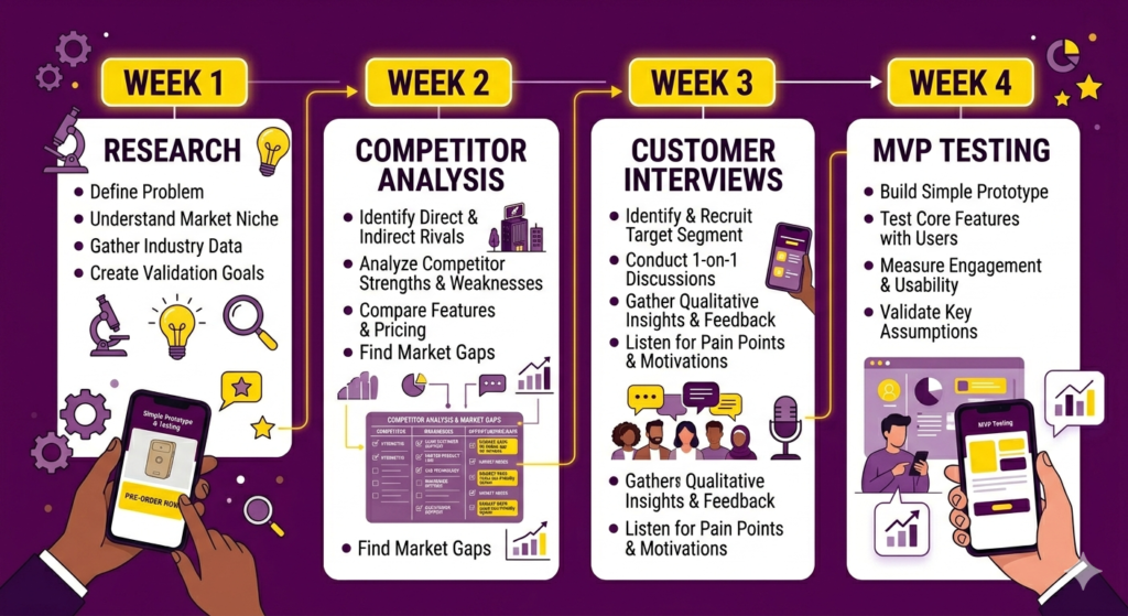 HOW TO VALIDATE A BUSINESS IDEA BEFORE INVESTING: STOP WASTING CASH ON WRONG PRODUCTS 30-day business validation roadmap showing research, testing, and MVP stages in purple and yellow design
