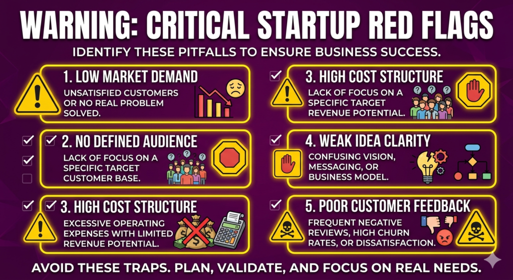 HOW TO VALIDATE A BUSINESS IDEA BEFORE INVESTING: STOP WASTING CASH ON WRONG PRODUCTS Business idea failure warning signs checklist infographic in purple, yellow, white color palette