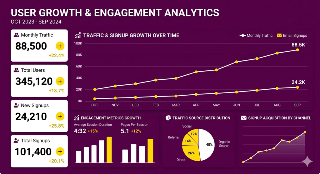 HOW TO VALIDATE A BUSINESS IDEA BEFORE INVESTING: STOP WASTING CASH ON WRONG PRODUCTS Business interest measurement using analytics, traffic, and signups dashboard in purple, yellow, white theme