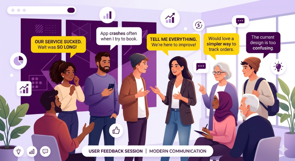 HOW TO VALIDATE A BUSINESS IDEA BEFORE INVESTING: STOP WASTING CASH ON WRONG PRODUCTS Customer interviews and feedback conversations for business validation in purple, yellow, white modern style