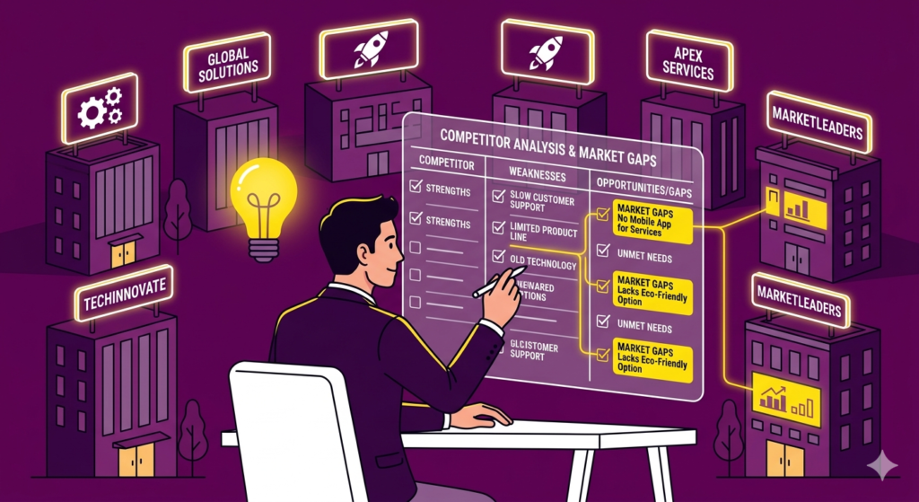HOW TO VALIDATE A BUSINESS IDEA BEFORE INVESTING: STOP WASTING CASH ON WRONG PRODUCTS Competitor analysis and market gap identification for business strategy in purple, yellow, and white design