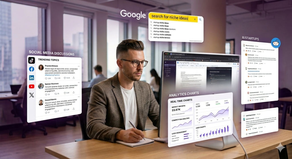 HOW TO VALIDATE A BUSINESS IDEA BEFORE INVESTING: STOP WASTING CASH ON WRONG PRODUCTS Business market research using Google, social media, and analytics tools to validate demand in purple, yellow, white theme