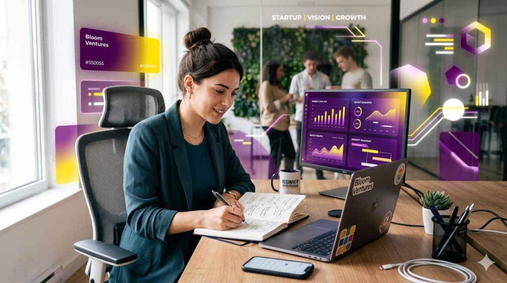 Beginner entrepreneur exploring small business ideas with modern planning setup