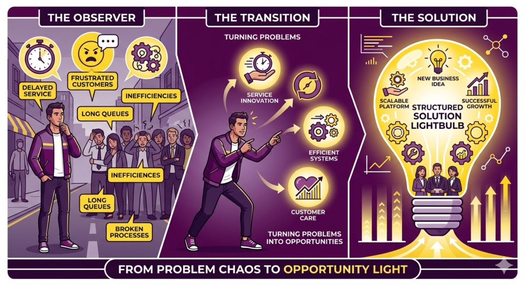 HOW TO VALIDATE A BUSINESS IDEA BEFORE INVESTING: STOP WASTING CASH ON WRONG PRODUCTS Identifying real business problems from daily frustrations turning into business opportunities illustration in purple, yellow, white