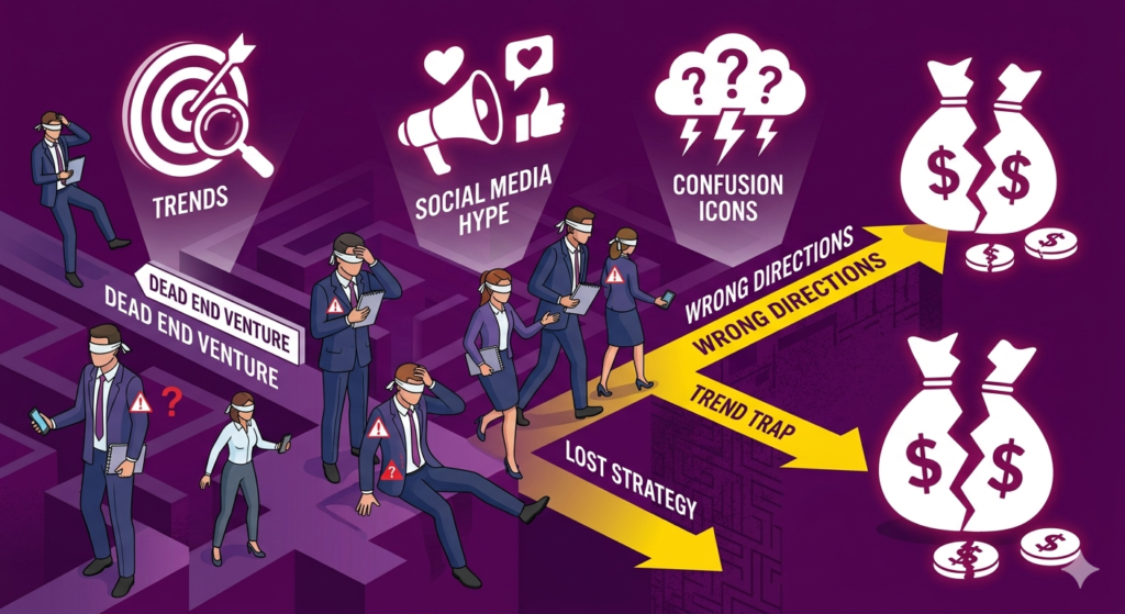 HOW TO VALIDATE A BUSINESS IDEA BEFORE INVESTING: STOP WASTING CASH ON WRONG PRODUCTS Entrepreneurs making wrong business investment decisions due to trends and assumptions in purple and yellow warning concept
