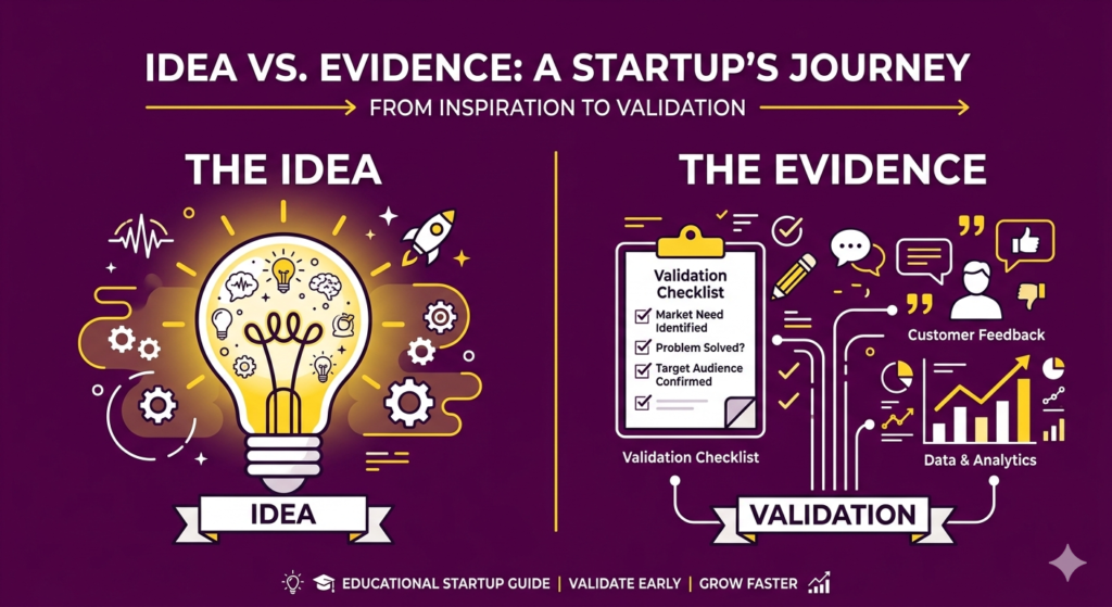 HOW TO VALIDATE A BUSINESS IDEA BEFORE INVESTING: STOP WASTING CASH ON WRONG PRODUCTS Business idea vs validation concept infographic showing idea, evidence, and market testing in purple, yellow, and white design