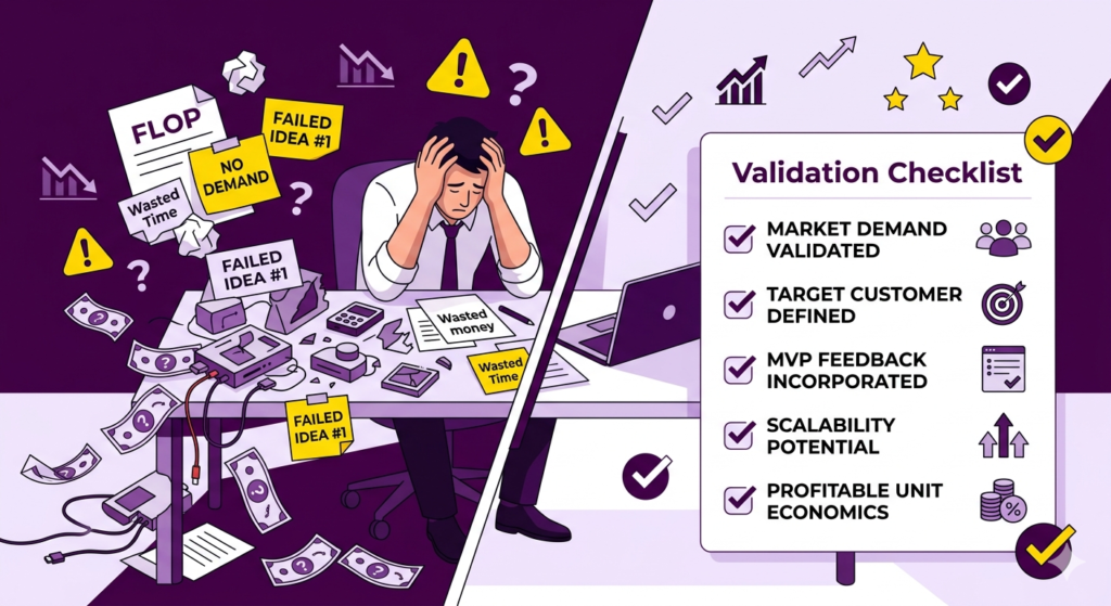 HOW TO VALIDATE A BUSINESS IDEA BEFORE INVESTING: STOP WASTING CASH ON WRONG PRODUCTS Entrepreneur overwhelmed with failed business ideas vs structured business validation process illustration in purple, yellow, and white theme