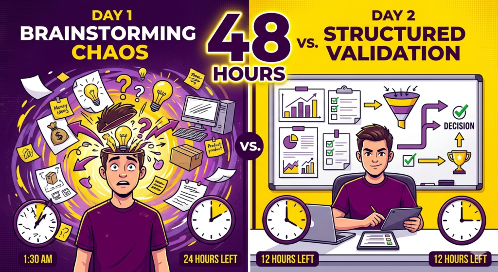48-hour business idea discovery challenge workflow.