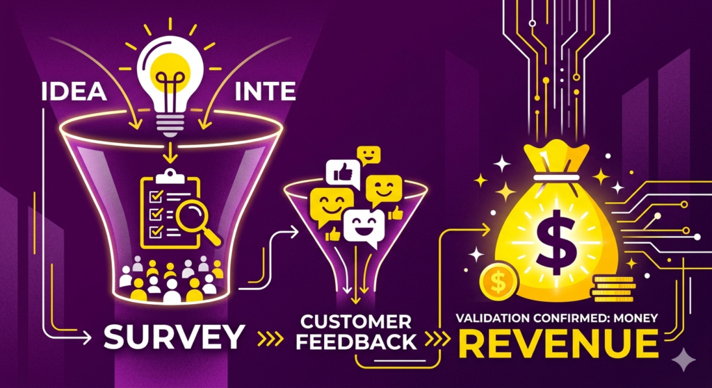 Business idea validation funnel from concept to real market proof.