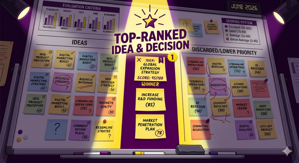 Business idea shortlist scoring and selection process.