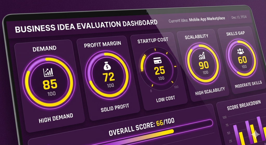 Business idea evaluation scorecard showing key success factors.