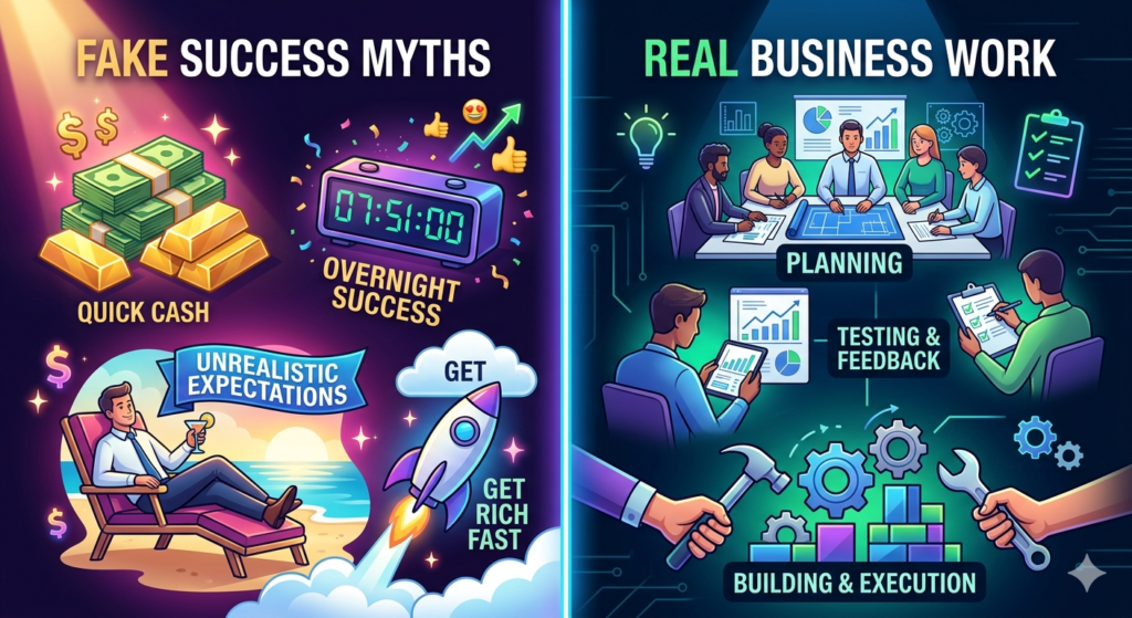 Comparison between business myths and real entrepreneurial process.