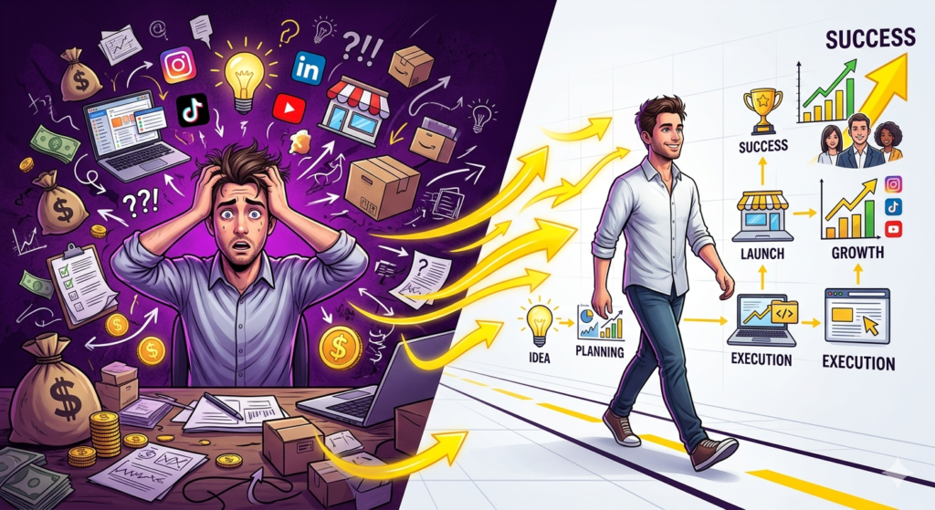 Confused entrepreneur overwhelmed with business ideas transitioning into a clear business direction roadmap.