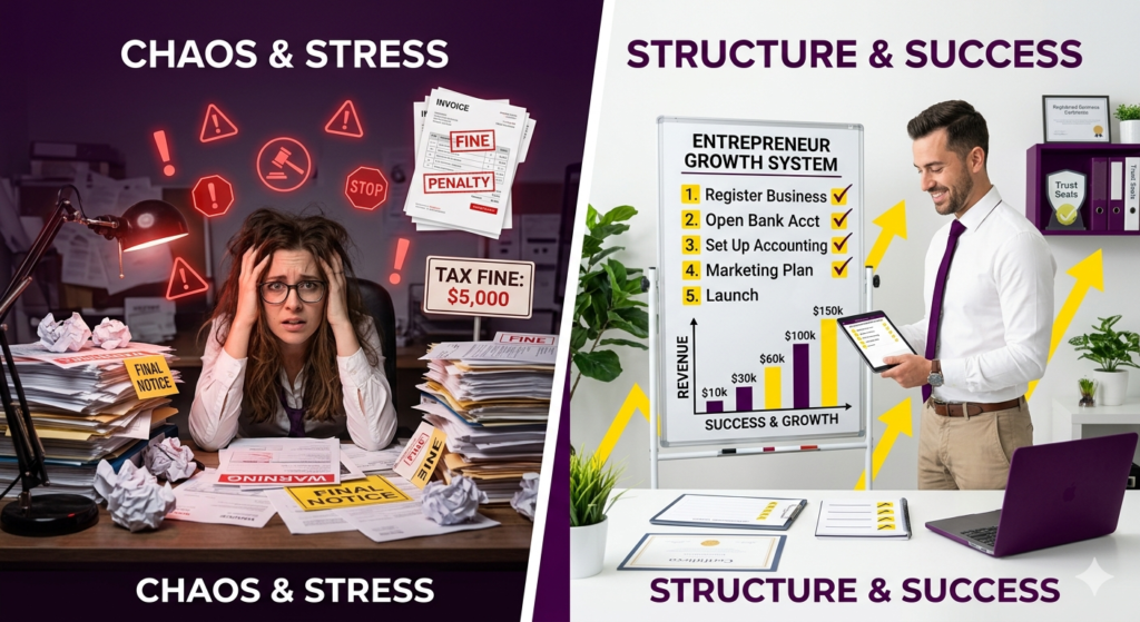 Confusion versus structured legal business setup comparison.