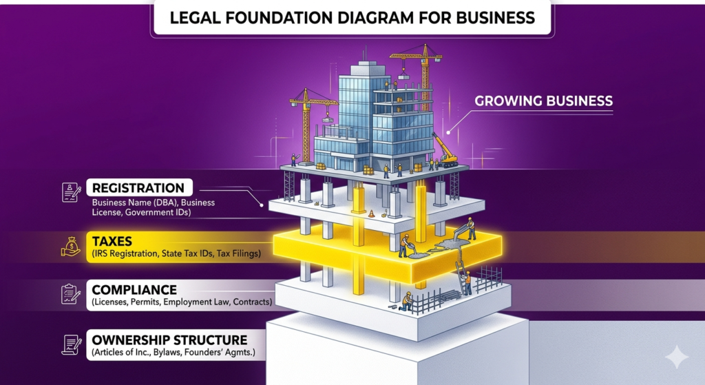 Business legal foundation structure showing compliance and registration layers.