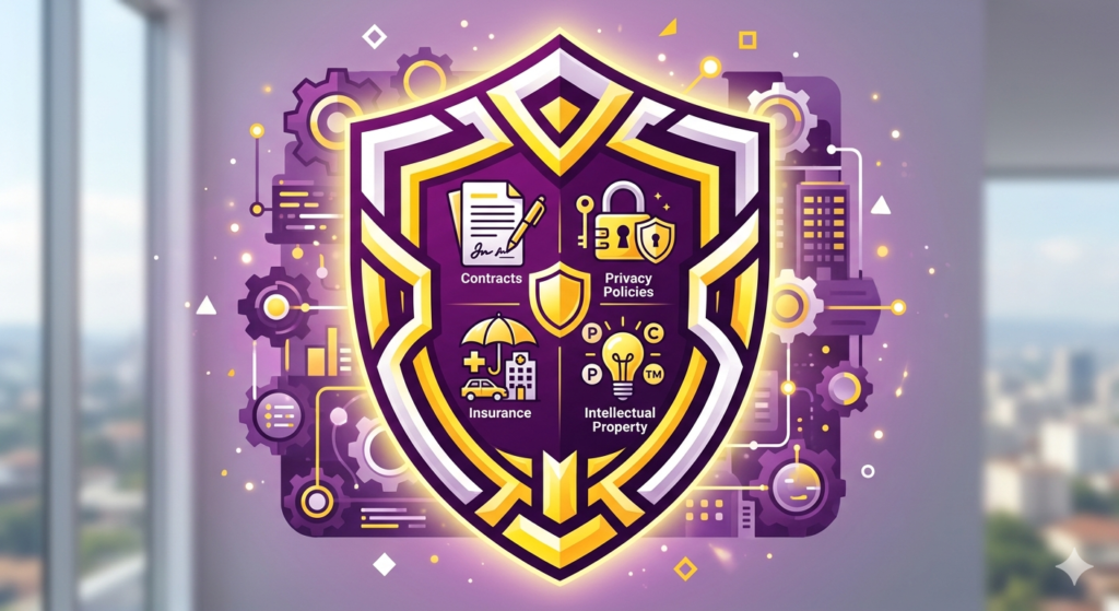 Legal protection shield for business contracts and policies.